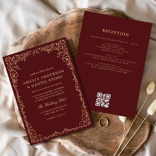 Invitación Código QR Boda mínimo de oro de Borgoña