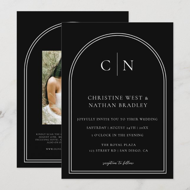 Invitación Código QR Boda moderno de arco monograma (Anverso / Reverso)