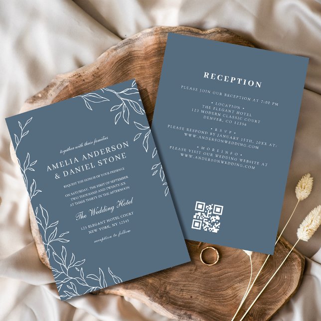Invitación Código QR Boda moderno de hoja mínima azul turbio (Subido por el creador)
