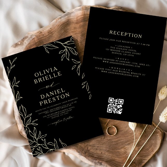 Invitación Código QR Boda moderno de hoja mínima de color neg (Subido por el creador)