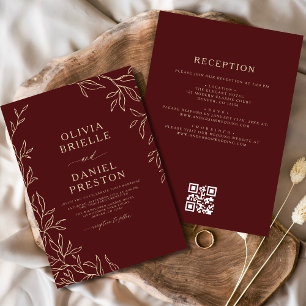Invitación Código QR Boda moderno de hoja mínima de oro de Bo