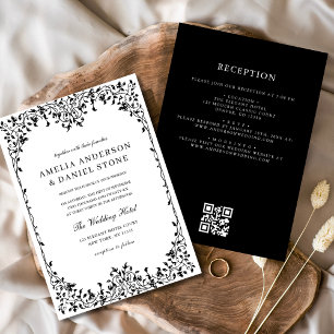 Invitación Código QR Boda moderno de hoja mínima en blanco y