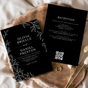 Invitación Código QR Boda moderno de hoja mínima en blanco y