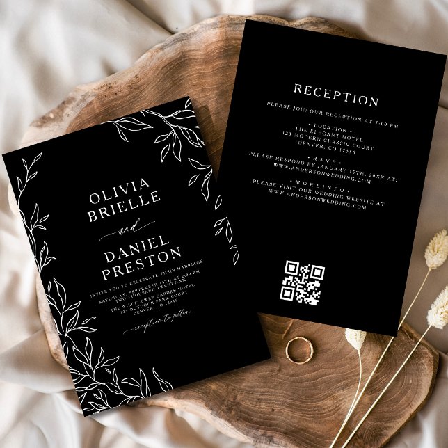 Invitación Código QR Boda moderno de hoja mínima en blanco y  (Subido por el creador)