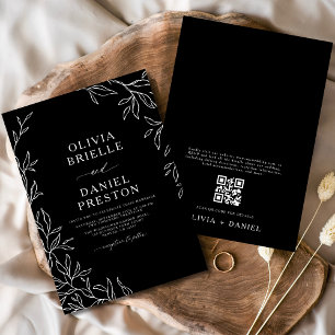 Invitación Código QR Boda moderno de hoja mínima en blanco y 