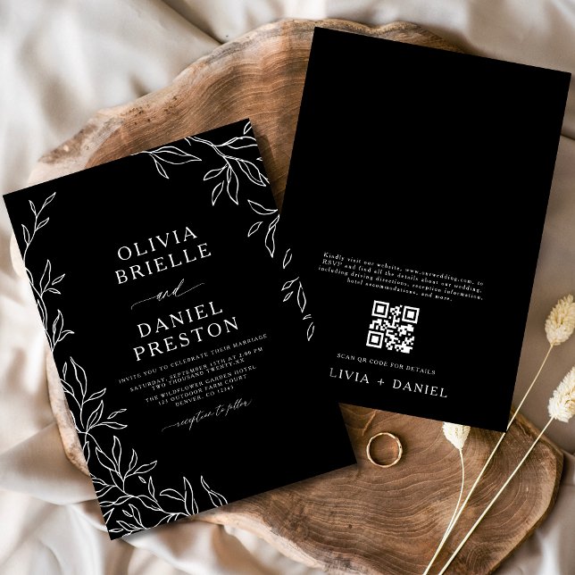 Invitación Código QR Boda moderno de hoja mínima en blanco y  (Subido por el creador)