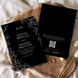 Invitación Código QR Boda moderno de hoja mínima en blanco y 