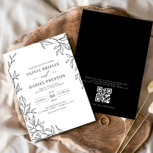 Invitación Código QR Boda moderno de hoja mínima en blanco y