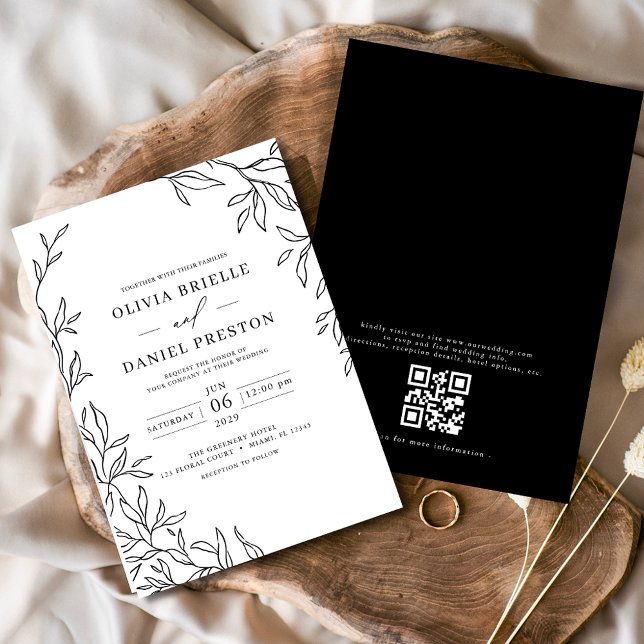 Invitación Código QR Boda moderno de hoja mínima en blanco y  (Subido por el creador)