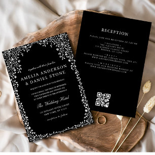 Invitación Código QR Boda moderno de hoja mínima en blanco y