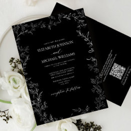 Invitación Código QR Boda moderno de hoja mínima en blanco y