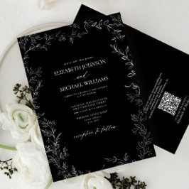 Invitación Código QR Boda moderno de hoja mínima en blanco y 