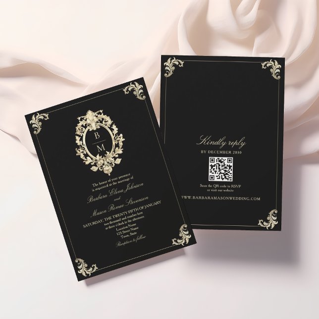 Invitación Código QR Boda Monograma Barroco Negro Oro (Subido por el creador)