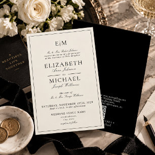 Invitación Código QR Boda Monograma Clásico Marfil Negro
