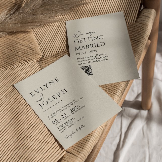Invitación Código QR Boda neutral de Boho negro y beige (Subido por el creador)