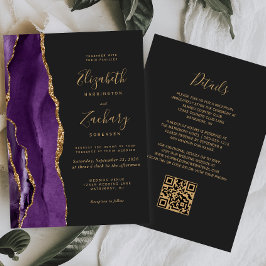 Invitación Código QR Boda Oscura Ágata Púrpura Dorada
