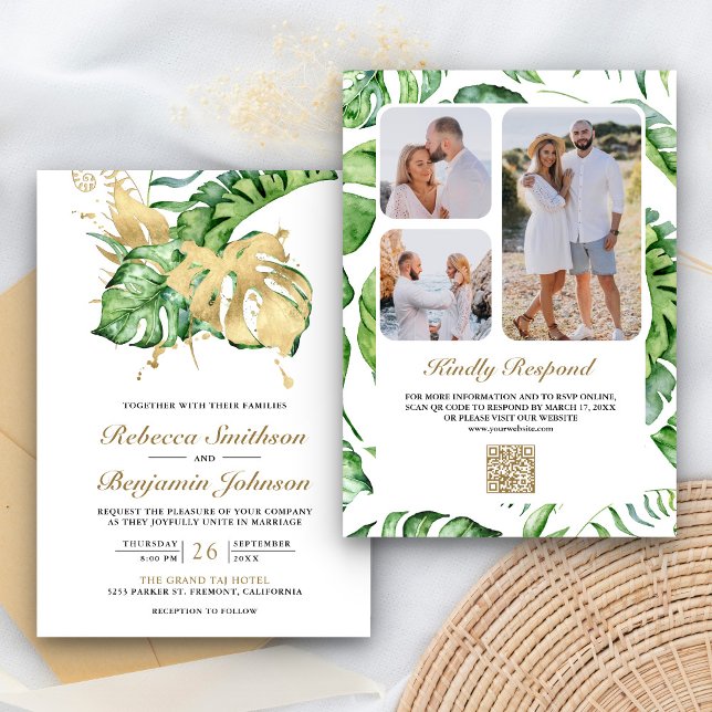Invitación Código QR Boda Palma Tropical Monstera Dorado (Subido por el creador)