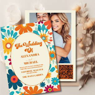 Invitación Código QR Boda Retro Moderno de los 70 con Margari