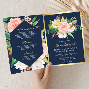 Invitación Código QR Bodas Azul Marino Floral Rosa Rosado Dor