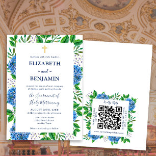 Invitación Código QR Bodas Católicas Hortensias Azules Dorada