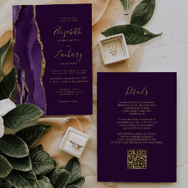 Invitación Código QR Bodas Ciruela Ágata Púrpura Dorada