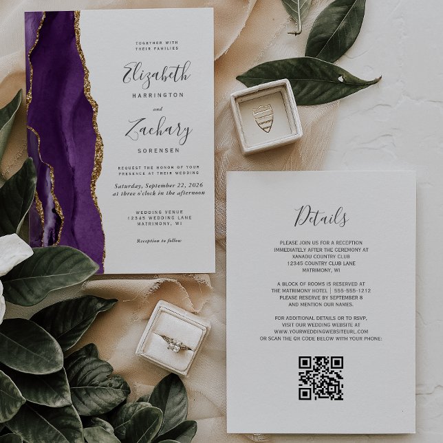 Invitación Código QR Bodas de Ágata Púrpura Dorada (Subido por el creador)