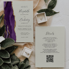 Invitación Código QR Bodas de Ágata Púrpura Dorada Marfil