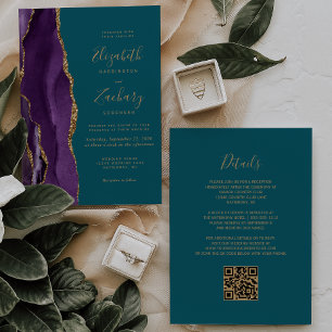Invitación Código QR Bodas de Ágata Purpura Dorada Verde Teal