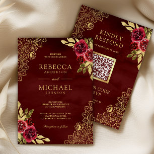 Invitación Código QR Bodas Encaje Dorado Floral Granate Rojo