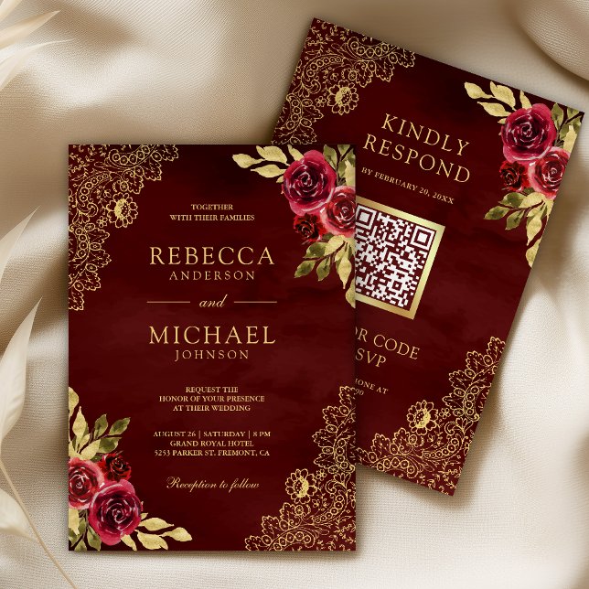 Invitación Código QR Bodas Encaje Dorado Floral Granate Rojo (Subido por el creador)