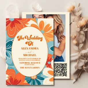 Invitación Código QR Boho Chic Retro Colorido Floral Boda