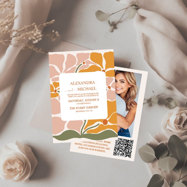 Invitación Código QR Boho Moda Retro Boda Floral (Subido por el creador)
