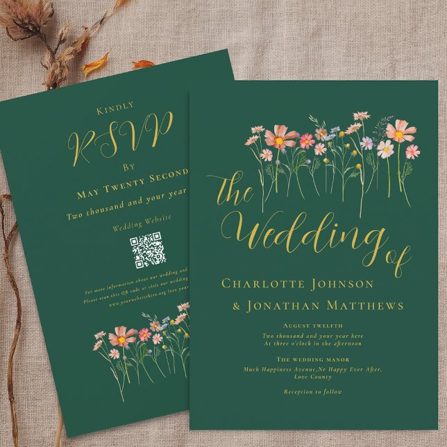 Invitación Código QR Boho Otoño Flor Silvestre Verde Oscuro O (Boho fall Wildflower meadow dark green & gold Wedding qr code invitation Elegant script watercolor)