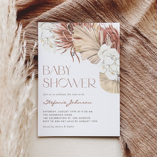 Invitación Código QR Boho Palm Seco y Orquídea Baby Shower (This QR code baby shower invitation features watercolor white orchids, pampas grass, and dried palm.)