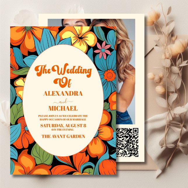 Invitación Código QR Boho Setentis Boda Floral Retro (Subido por el creador)