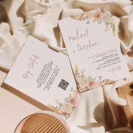 Invitación Código QR Boho Terracota Pampas Floral Boda