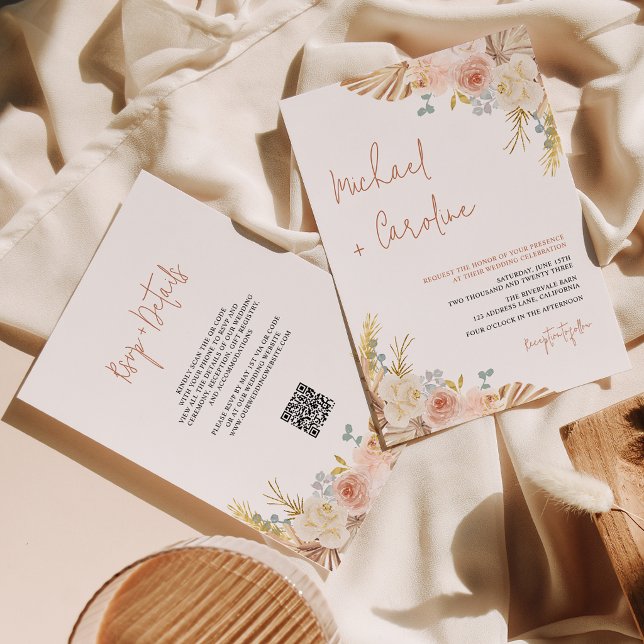 Invitación Código QR Boho Terracota Pampas Floral Boda (Subido por el creador)