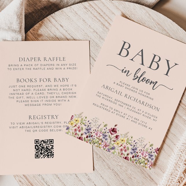 Invitación Código QR Boho Wildflowers Rubor Baby Shower (Subido por el creador)