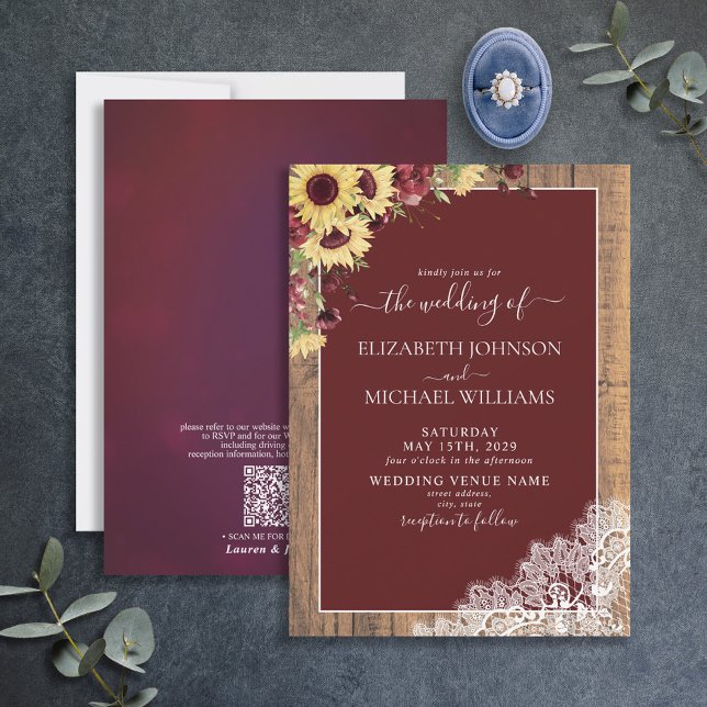 Invitación Código QR Borgoña Boda de madera rústica de giraso (Subido por el creador)