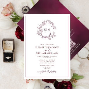 Invitación Código QR Borgoña Escudo Monograma Boda