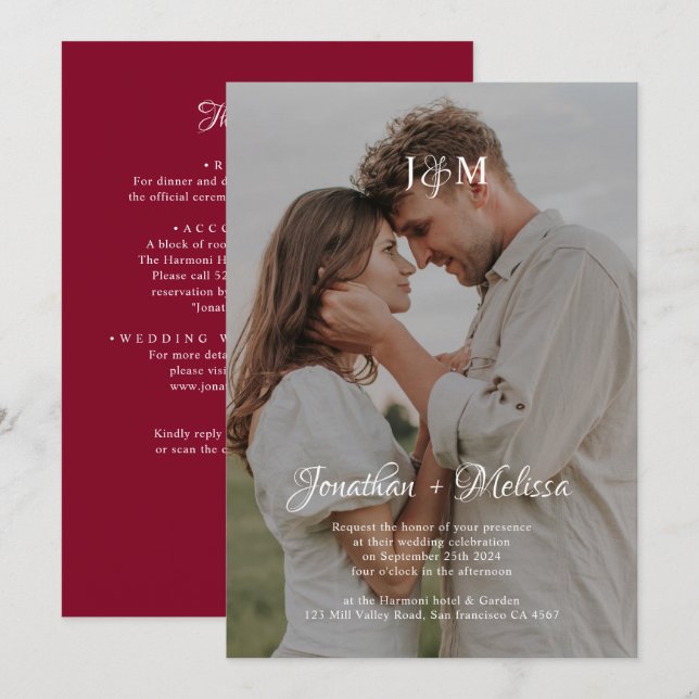 Invitación Código QR Borgoña Presupuesto Monograma Boda de su (Anverso / Reverso)