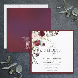 Invitación Código QR Borgoña Rubor Floral Watercolor Script
