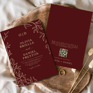 Invitación Código QR Borgoña y Boda de hoja monográfica Gold