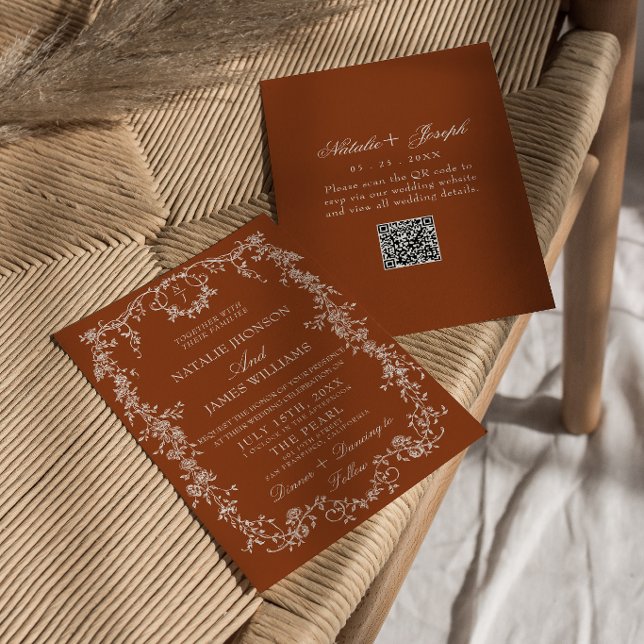 Invitación Código QR Botánico de Floral Naranja Quemada Boda (Subido por el creador)