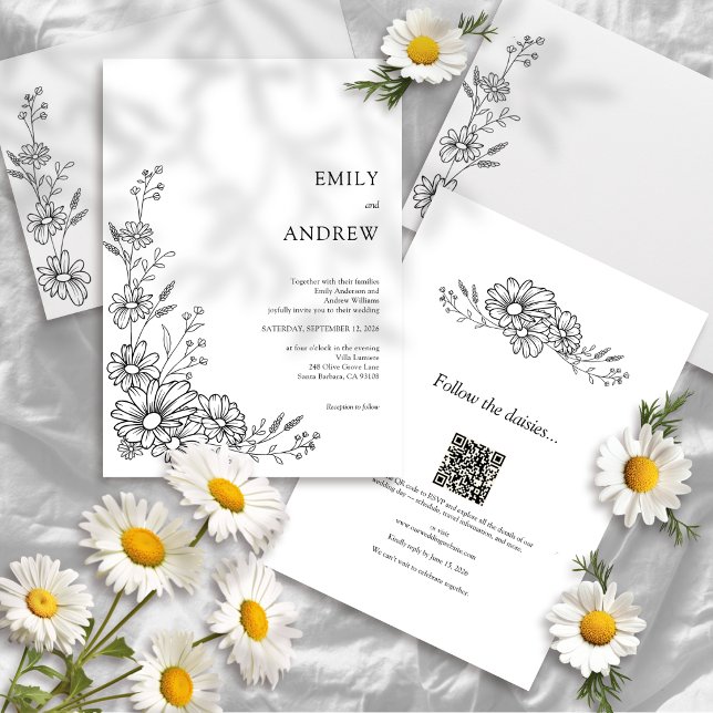 Invitación Código QR Botánico Todo En Uno Boda Blanco Negro (Subido por el creador)