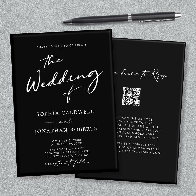 Invitación Código QR Caligrafía RSVP Boda blanco y negro I (QR Code RSVP Modern Calligraphy Black and White Double Sided Wedding Invitation)