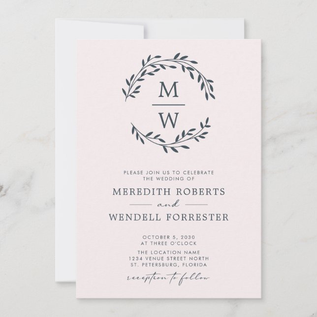 Invitación Código QR Carbón Rubor Monograma Boda de guirnalda (Anverso)