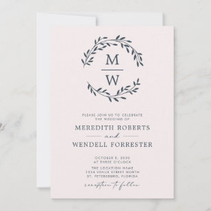 Invitación Código QR Carbón Rubor Monograma Boda de guirnalda