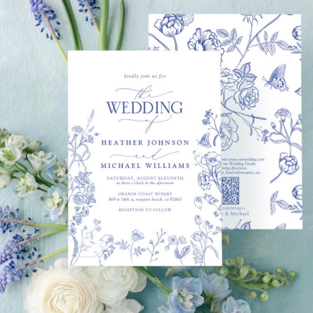 Invitación Código QR Chinoiserie Boda floral azul francés (Subido por el creador)