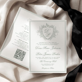 Invitación código QR clásico cresta monograma verde salvia bo